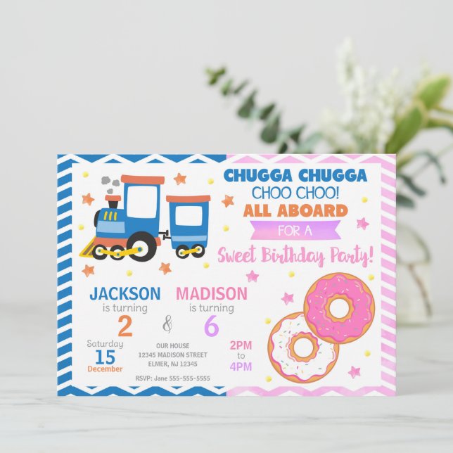 Choo Choo Train & Doughnuts Joint Birthday Invitation (Standing Front)