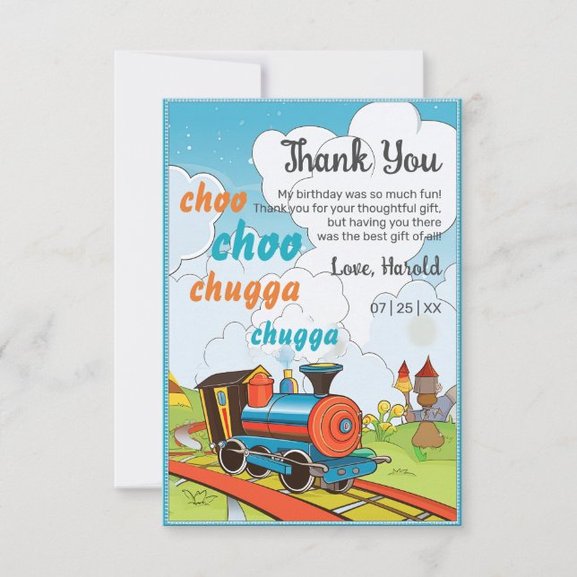 Choo Choo Train Kids Cute Train Ticket Birthday Thank You Card (Front)