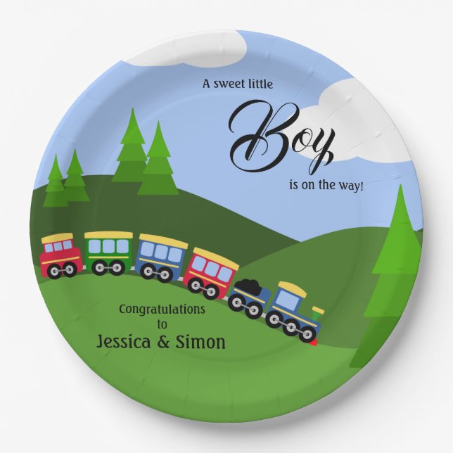 Choo Choo Train Landscape Boy Baby Shower Paper Plate (Front)