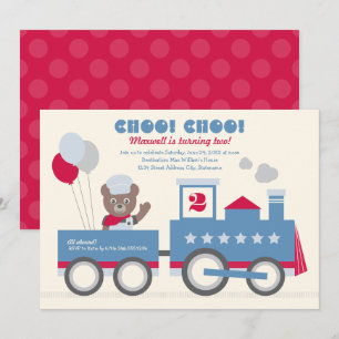 Choo Choo Train Red Bear Conductor Birthday Party Invitation