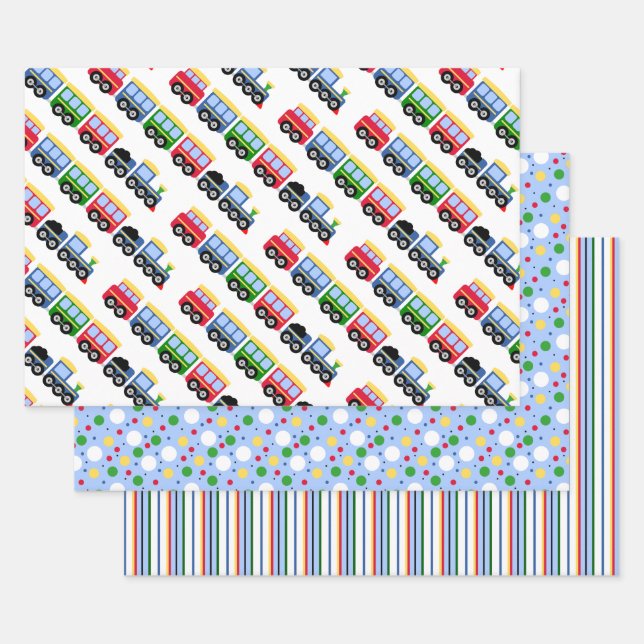 Choo Choo Trains, Stripes, and Polkadots  Wrapping Paper Sheet (Set)