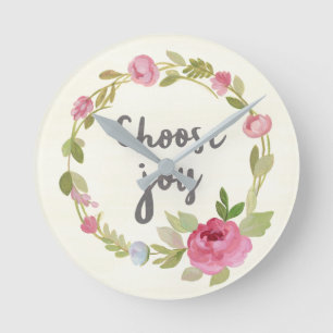 Choose Joy   Pink Pastel Roses Round Clock