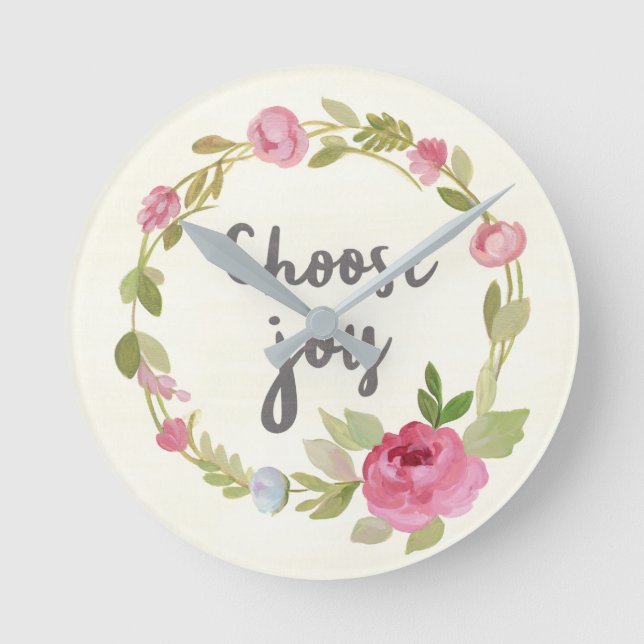 Choose Joy | Pink Pastel Roses Round Clock (Front)