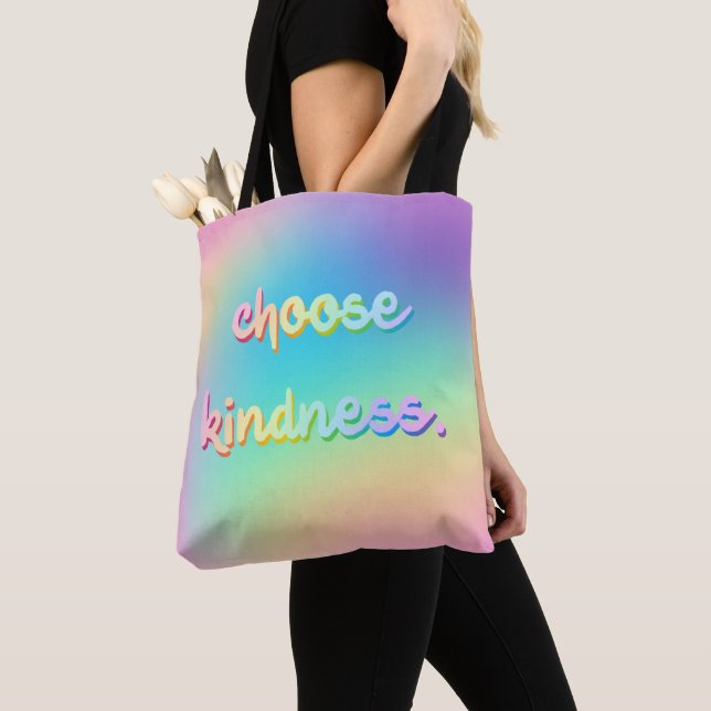 "Choose Kindness." Pastel Rainbow Gradient Tote Bag (Close Up)
