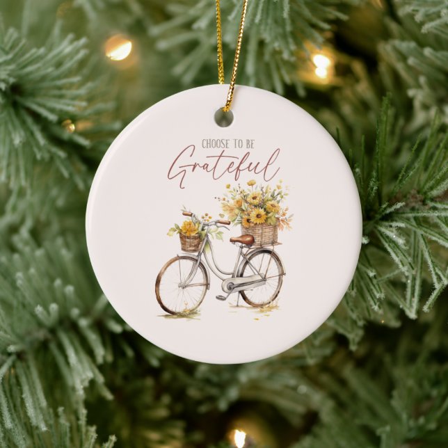 Choose to Be Grateful – Bicycle & Rustic Fall Ceramic Ornament (Tree)