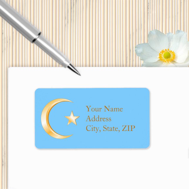 Choose Your Background Colour Islam Gold Symbol Label (Crescent moon and star, symbol of Islam. Customize with your text. )