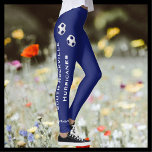 CHOOSE YOUR COLOR or Blue Soccer Team Name Leggings<br><div class="desc">CHOOSE YOUR COLOR custom Soccer Team leggings with Player's Name! Right leg has two dark blue and white soccer balls, two lines of personalised vertical text from hip to ankle for team name, and one line of text at ankle for player's name. Left leg has seven soccer balls in a...</div>