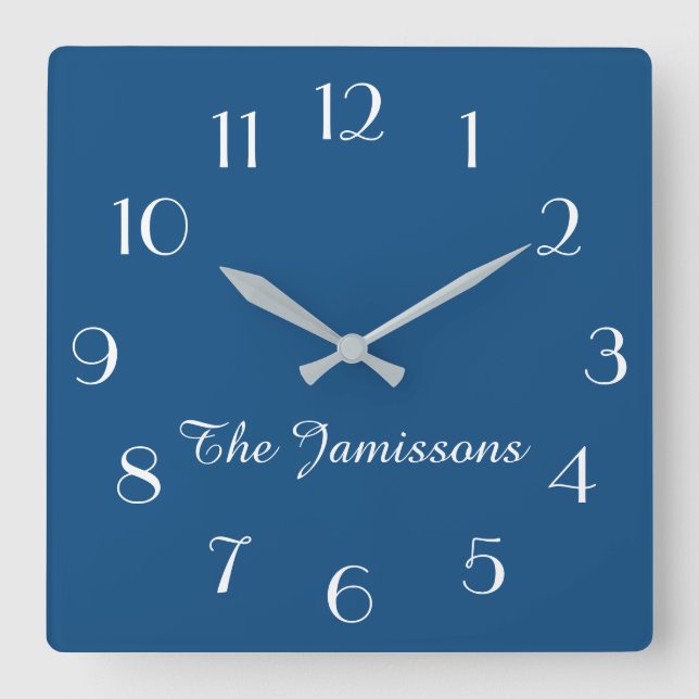 Choose Your Color or Classic Blue Minimalist Name  Square Wall Clock (Front)