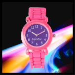 CHOOSE YOUR COLORS, Name, Kids Pink Purple Wrist  Watch<br><div class="desc">This fun kids wrist watch with a pink silicone strap can be customised as you wish. You can CHOOSE YOUR OWN COLOR to replace the purple background on the watch face and you can make the text say whatever you want. Or keep my purple and white design. All Rights Reserved...</div>