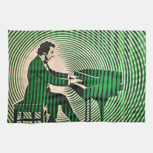 Chopin playing Piano in optical illusion style Tea Towel