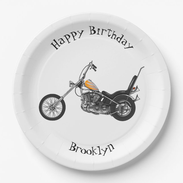 Chopper Motorcycle 1950 cartoon illustration Paper Plate (Front)