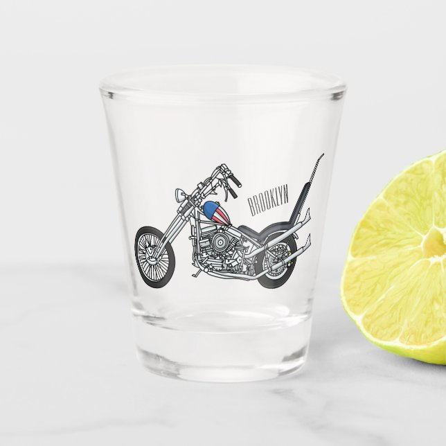 Chopper Motorcycle 1950 cartoon illustration Shot Glass (Front)