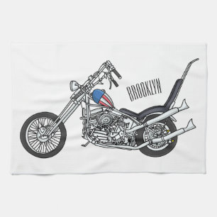 Chopper Motorcycle 1950 cartoon illustration  Tea Towel