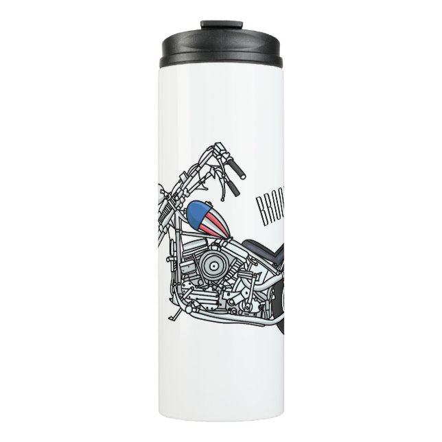 Chopper Motorcycle 1950 cartoon illustration Thermal Tumbler (Front)