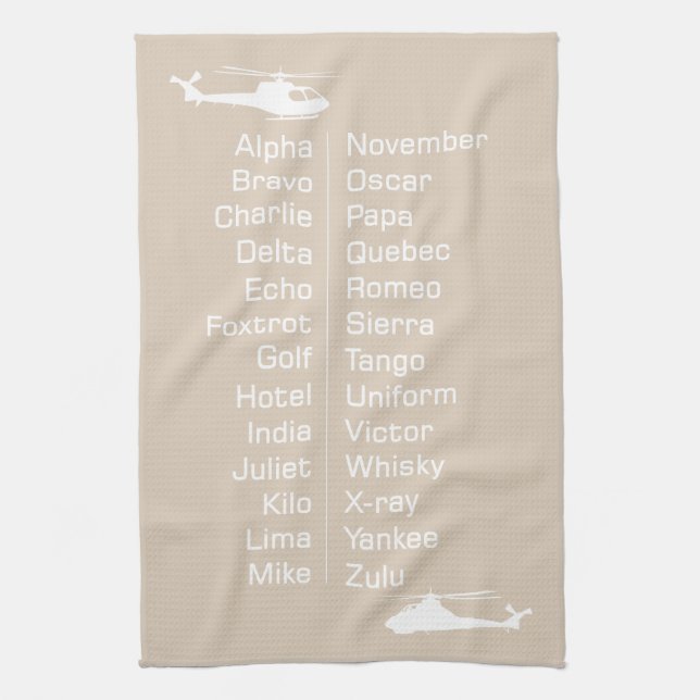 Chopper Pilot Helicopter Taupe Phonetic Alphabet Tea Towel (Vertical)