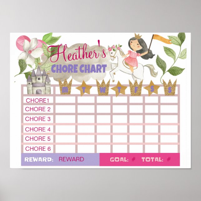CHORE CHART, PRINCESS, BEHAVIORAL CHART, POSTER (Front)