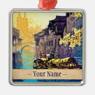 Chou Xing Hua Suzhou Scenery river sunset painting Metal Ornament