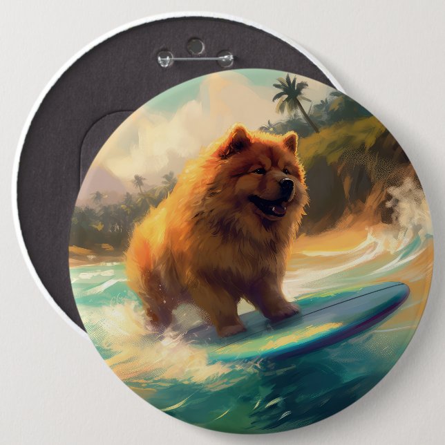 Chow Chow Beach Surfing Painting 6 Cm Round Badge (Front & Back)