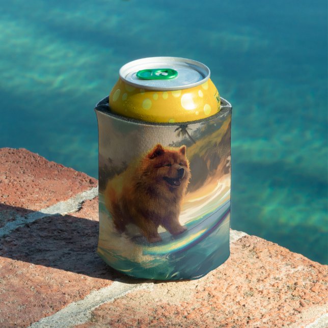 Chow Chow Beach Surfing Painting Can Cooler (In Situ Pool)