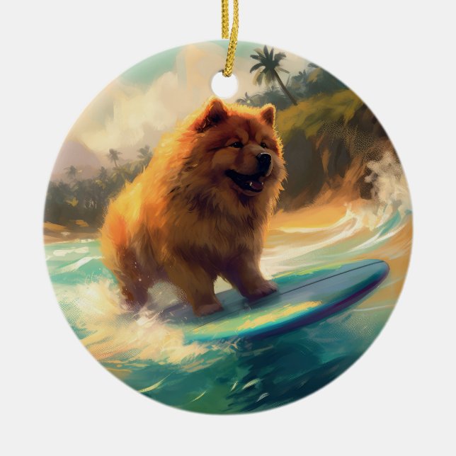 Chow Chow Beach Surfing Painting Ceramic Ornament (Front)