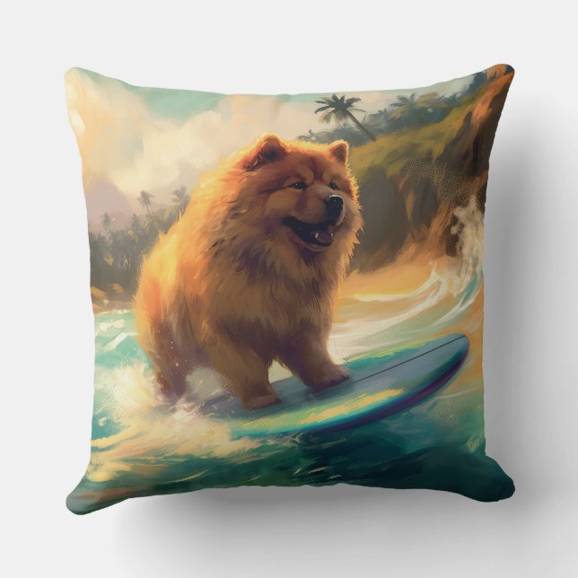 Chow Chow Beach Surfing Painting Cushion (Back)