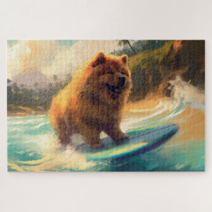 Chow Chow Beach Surfing Painting Jigsaw Puzzle