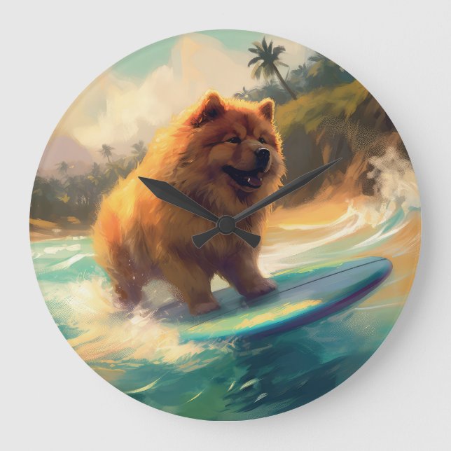 Chow Chow Beach Surfing Painting Large Clock (Front)