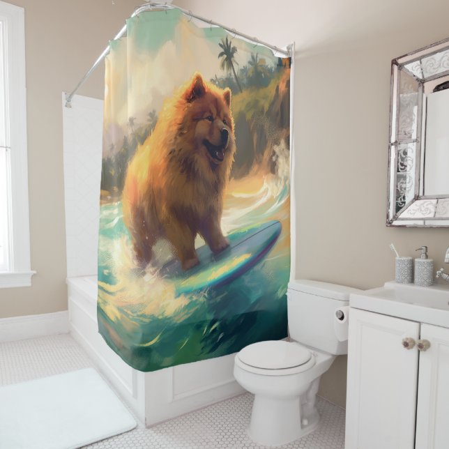 Chow Chow Beach Surfing Painting Shower Curtain (In Situ)