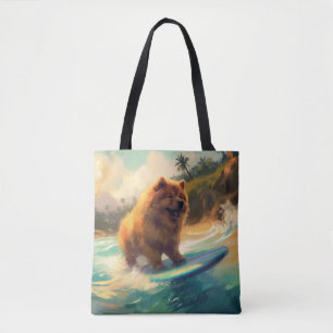 Chow Chow Beach Surfing Painting Tote Bag