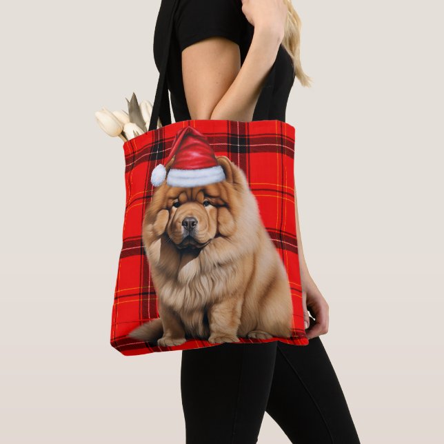 Chow Chow Christmas Dog Red Seasonal Plaid Tote Bag (Close Up)
