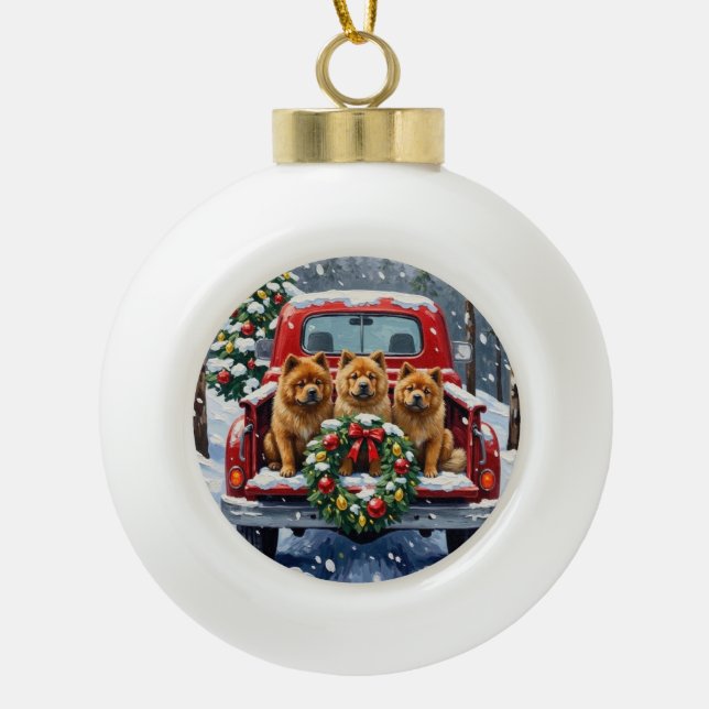 Chow Chow Christmas Red Truck Holiday Ceramic Ball Christmas Ornament (Front)
