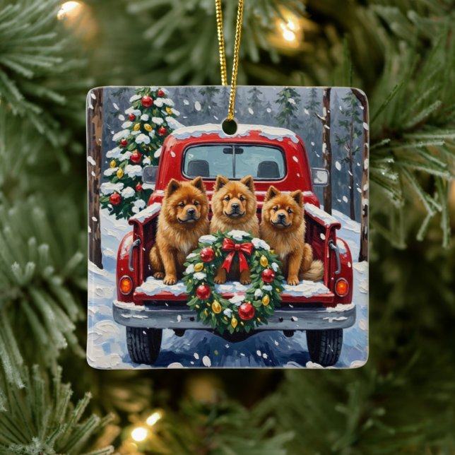 Chow Chow Christmas Red Truck Holiday Ceramic Ornament (Tree)
