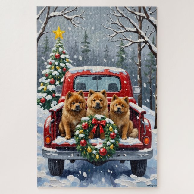 Chow Chow Christmas Red Truck Holiday Jigsaw Puzzle (Vertical)