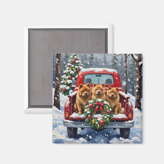 Chow Chow Christmas Red Truck Holiday Magnet (Front/Back)