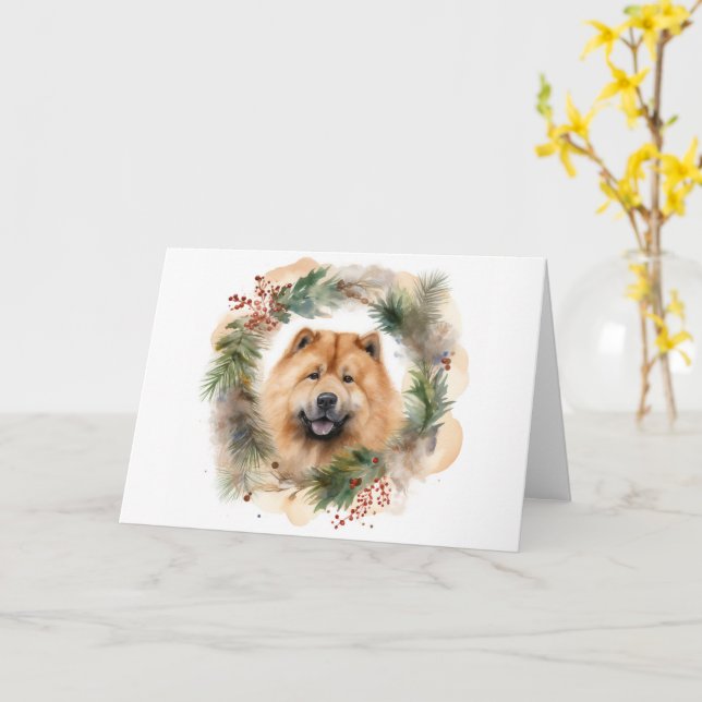 chow chow Christmas Wreath Festive Pup  Card (Yellow Flower)