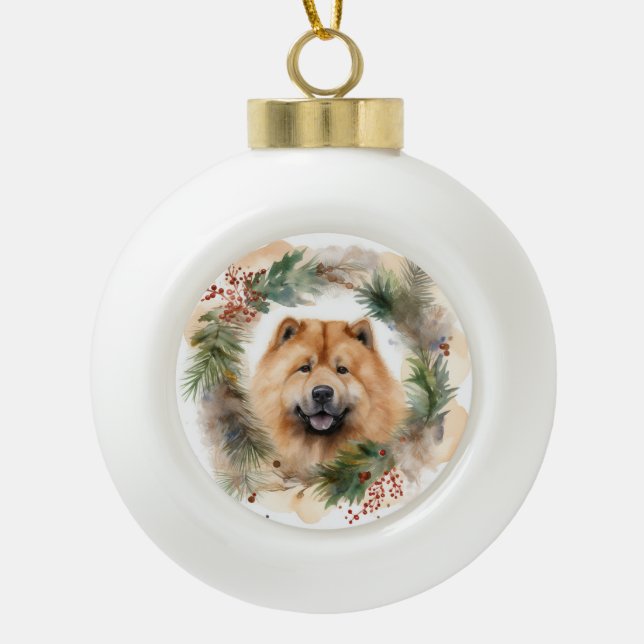 chow chow Christmas Wreath Festive Pup  Ceramic Ball Christmas Ornament (Front)