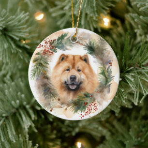 chow chow Christmas Wreath Festive Pup  Ceramic Ornament