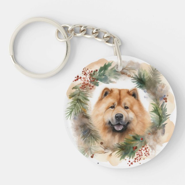 chow chow Christmas Wreath Festive Pup  Key Ring (Front)