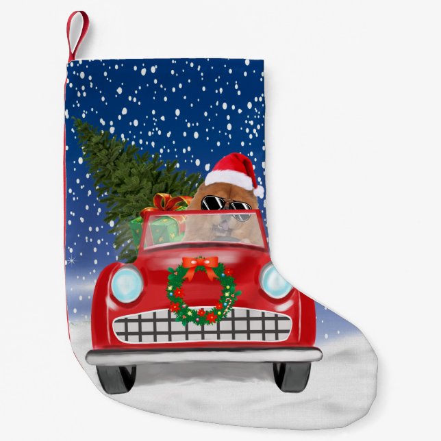 Chow Chow Dog Driving Car In Snow Small Christmas Stocking (Front)