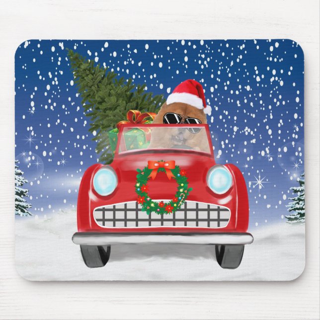 Chow Chow Dog Driving Car In Snow  Throw Pillow Mouse Pad (Front)