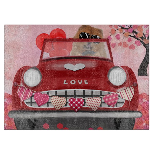 Chow Chow Dog Driving Car with Hearts Valentine's  Cutting Board (Front)