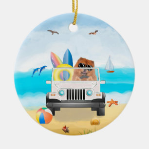chow chow Dog Driving on Beach  Ceramic Ornament