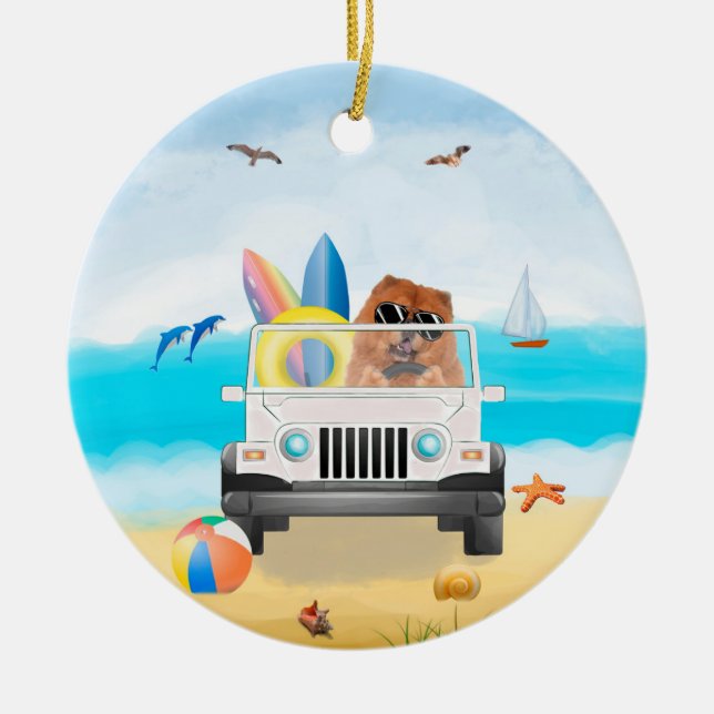 chow chow Dog Driving on Beach  Ceramic Ornament (Front)