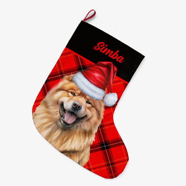 Chow Chow Dog Holiday Red Plaid Personalised Large Christmas Stocking (Front (Hanging))
