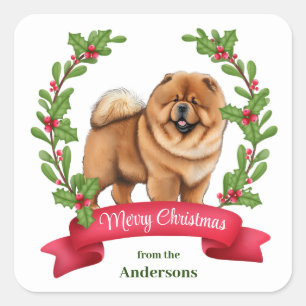 Chow Chow Dog Holly Banner Christmas Square Sticker