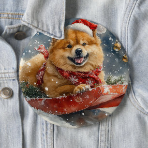 Chow Chow Dog in Sledge Let it Snow Christmas 6 Cm Round Badge