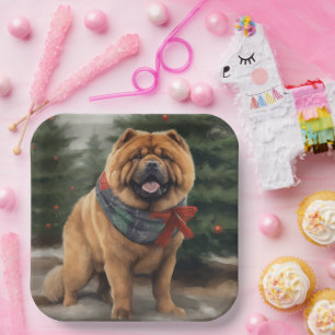 Chow Chow Dog in Snow Christmas Paper Plate