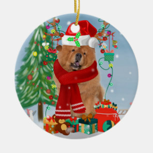 Chow Chow Dog in Snow with Christmas Gifts Ceramic Ornament