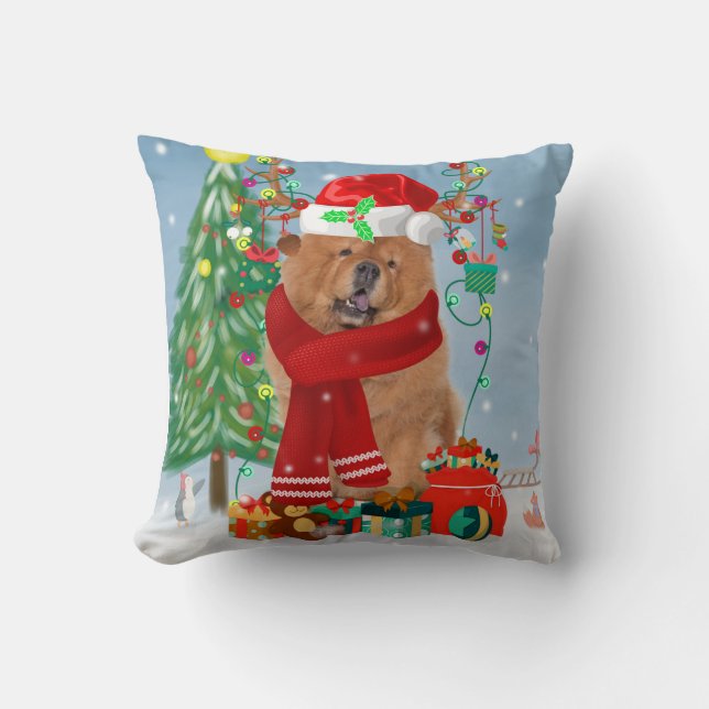 Chow Chow Dog in Snow with Christmas Gifts  Cushion (Front)