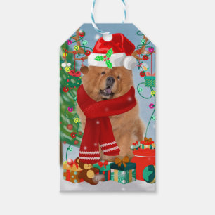 Chow Chow Dog in Snow with Christmas Gifts  Gift Tags